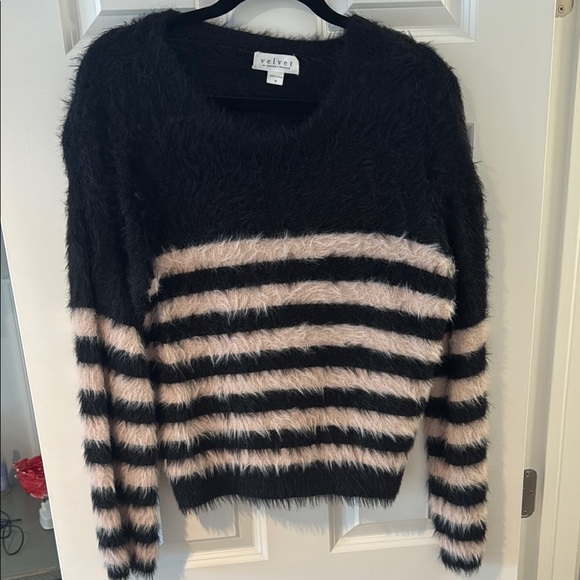 Velvet by Graham & Spencer Fuzzy Black and Cream Striped Sweater - Picture 8 of 8